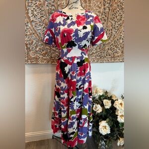 Naoo 100% Cotton Maxi Dress, White, Pink, Purple Floral Abstract Design- size L